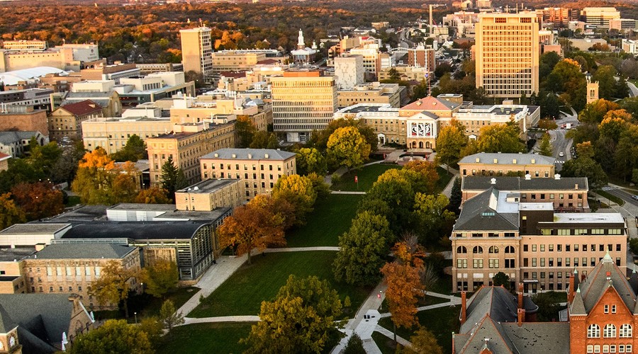 aerial view of Bascom Hall and the Law School