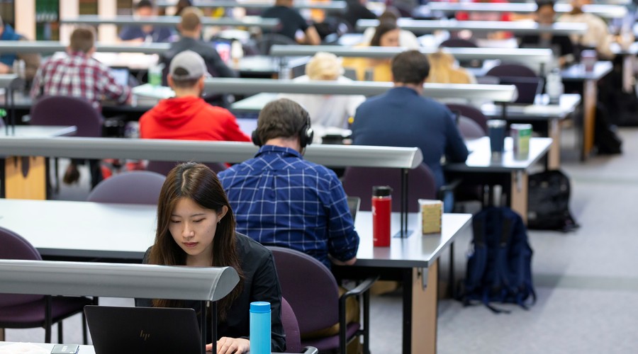 Students studying in the main reading room of the Law Library