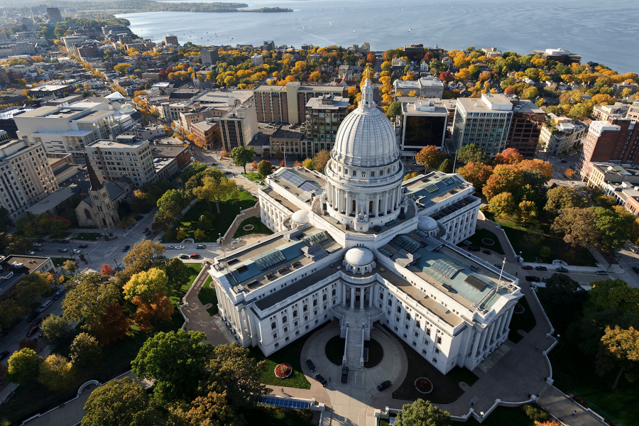 aerial shot of the Madison Capitol building and surrounding neighborhood